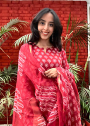 Red Cotton Block Print Suit & Kota Doria Dupatta